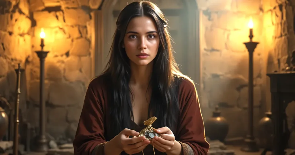 Delilah in the Bible holding silver coins from the Philistine rulers in an ancient room