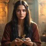 Delilah in the Bible holding silver coins from the Philistine rulers in an ancient room
