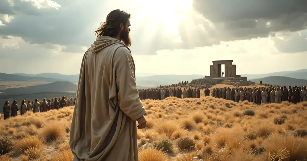 Elijah confronting the prophets of Baal on Mount Carmel with Israelites watching