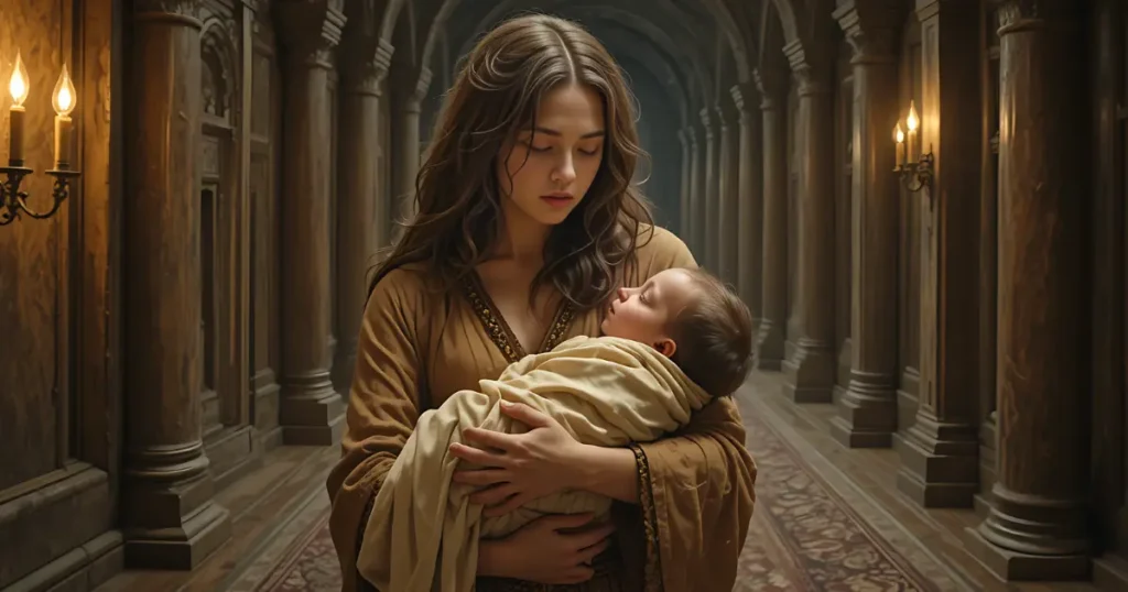 Jehosheba rescuing baby Joash from Athaliah in the Bible