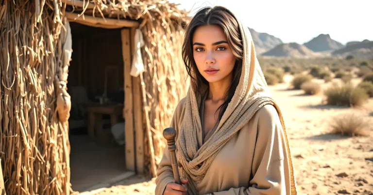Jael in the bible, she is standing outside her tent holding a wooden mallet in ancient Israel