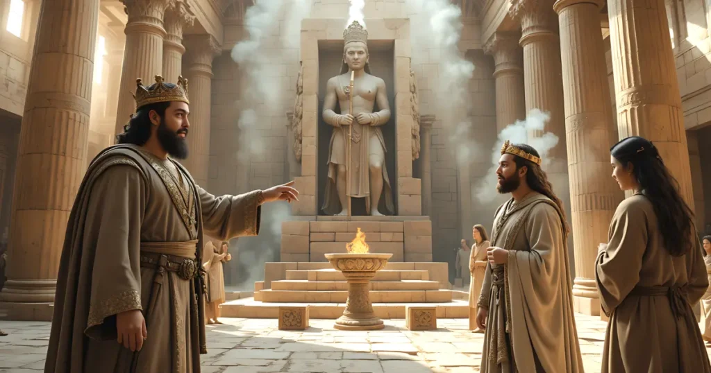 King Ahab and Queen Jezebel promoting Baal worship inside a stone temple in Samaria