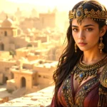 Queen Jezebel in the Bible standing on a palace balcony in ancient Israel, looking commanding and calculating.