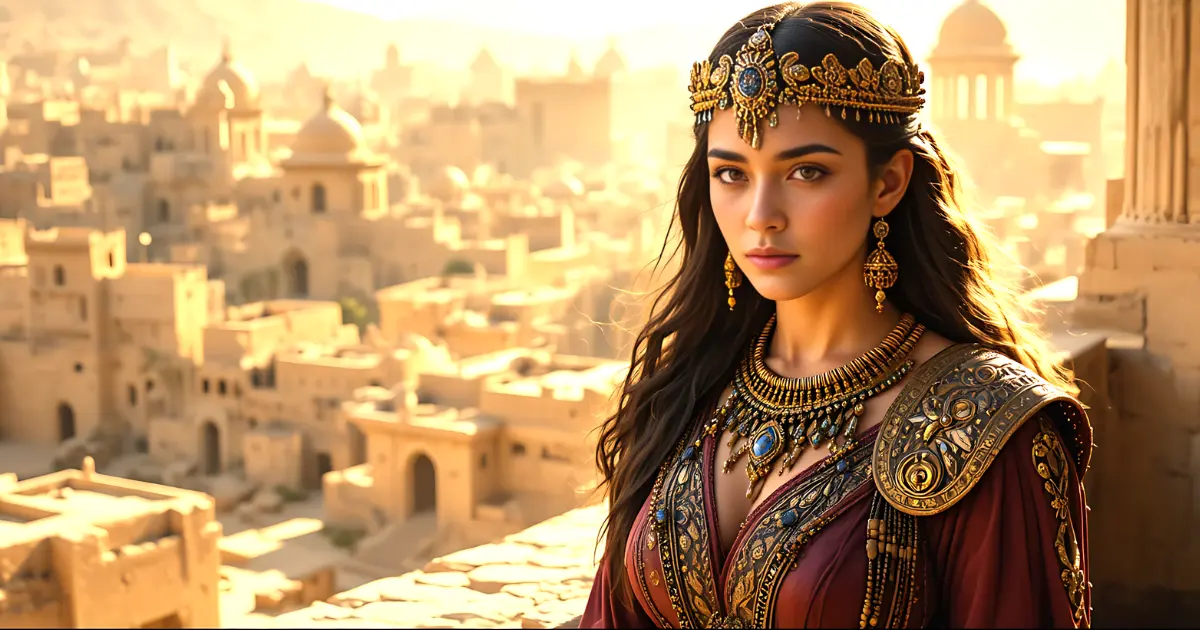 Queen Jezebel in the Bible standing on a palace balcony in ancient Israel, looking commanding and calculating.