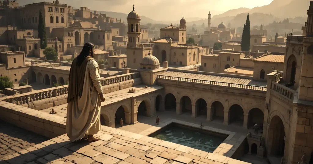 King David observing Bathsheba from the palace rooftop in Jerusalem