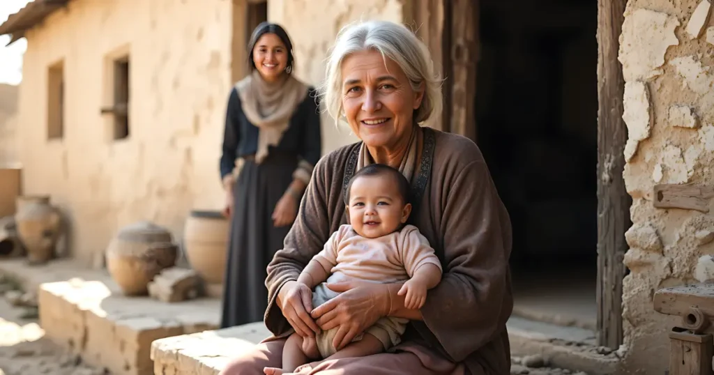 Naomi holds her grandson Obed in Bethlehem, her bitterness turned to joy and her family line restored.