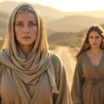 Naomi in the Bible, a grieving widow walking with Ruth on a hillside path, returning to Bethlehem after losing her husband and sons.