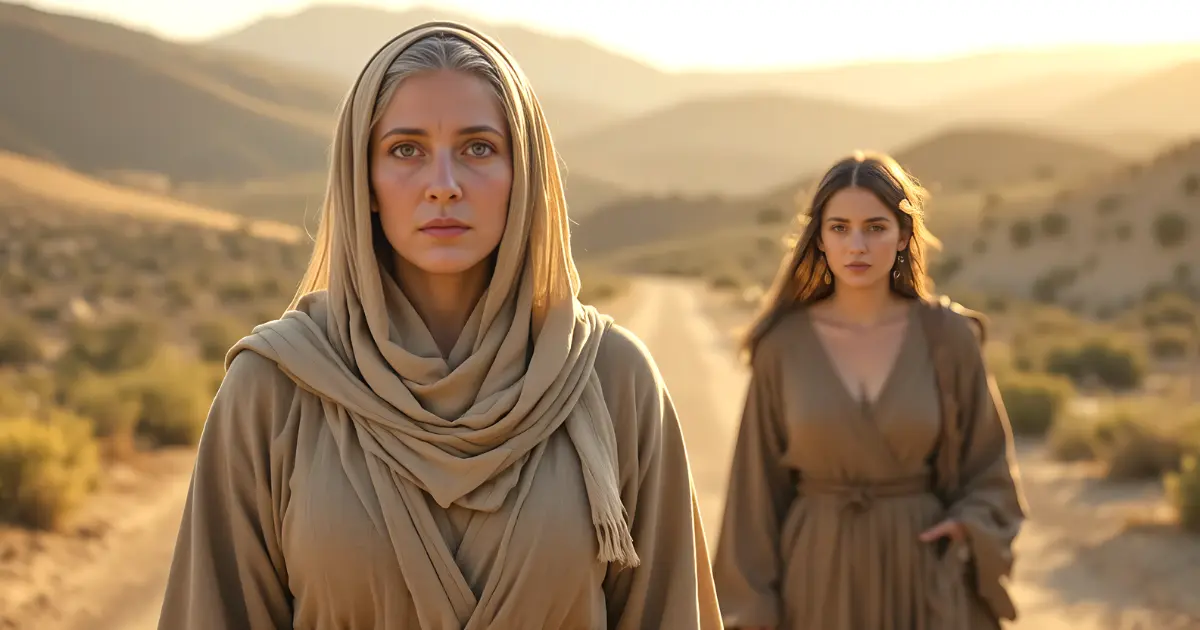 Naomi in the Bible, a grieving widow walking with Ruth on a hillside path, returning to Bethlehem after losing her husband and sons.