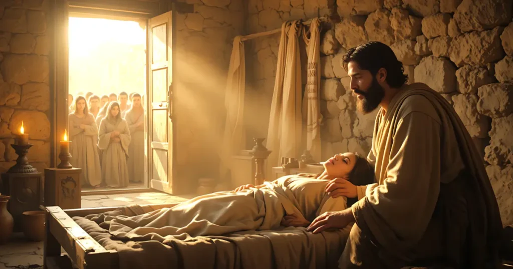 Apostle Peter raising Tabitha from the dead in Joppa as described in Acts 9, many believed in the Lord after the miracle