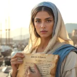 Phoebe in the Bible holding a scroll letter from Paul representing Romans 16 deacon and patron