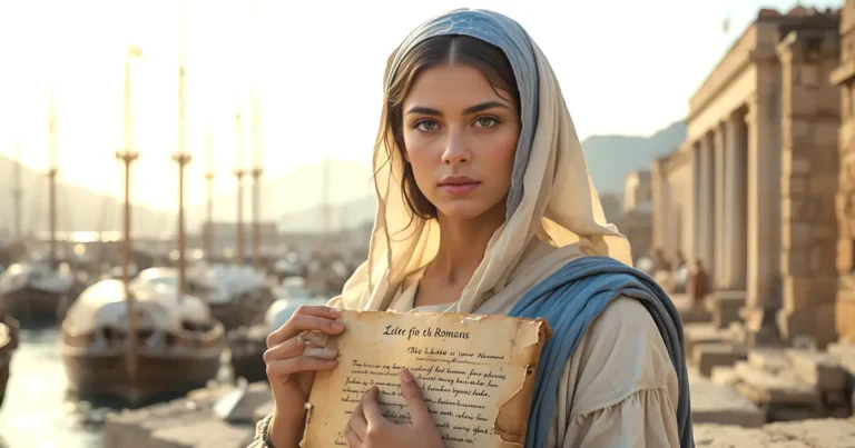 Phoebe in the Bible holding a scroll letter from Paul representing Romans 16 deacon and patron