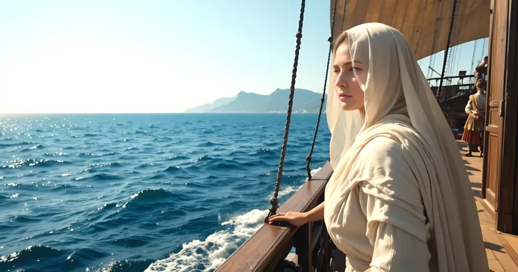 Phoebe traveling across the Mediterranean sea to deliver Paul’s letter to the Romans.
