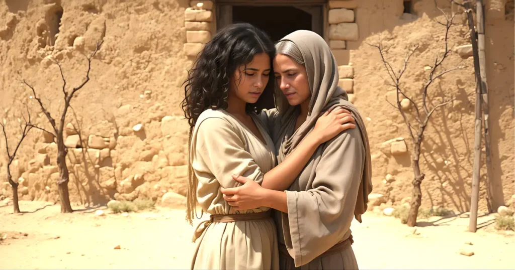 Ruth and Naomi embrace in Moab after the death of their husbands, choosing to stay together rather than part ways.