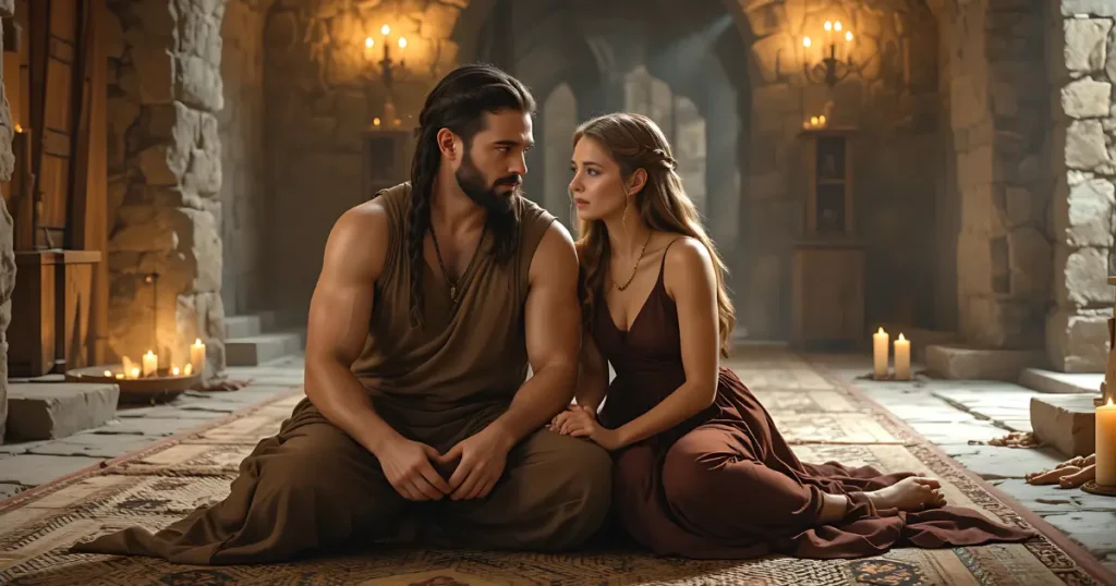Samson and Delilah in the Bible sitting together in the Valley of Sorek as she asks for the secret of his strength