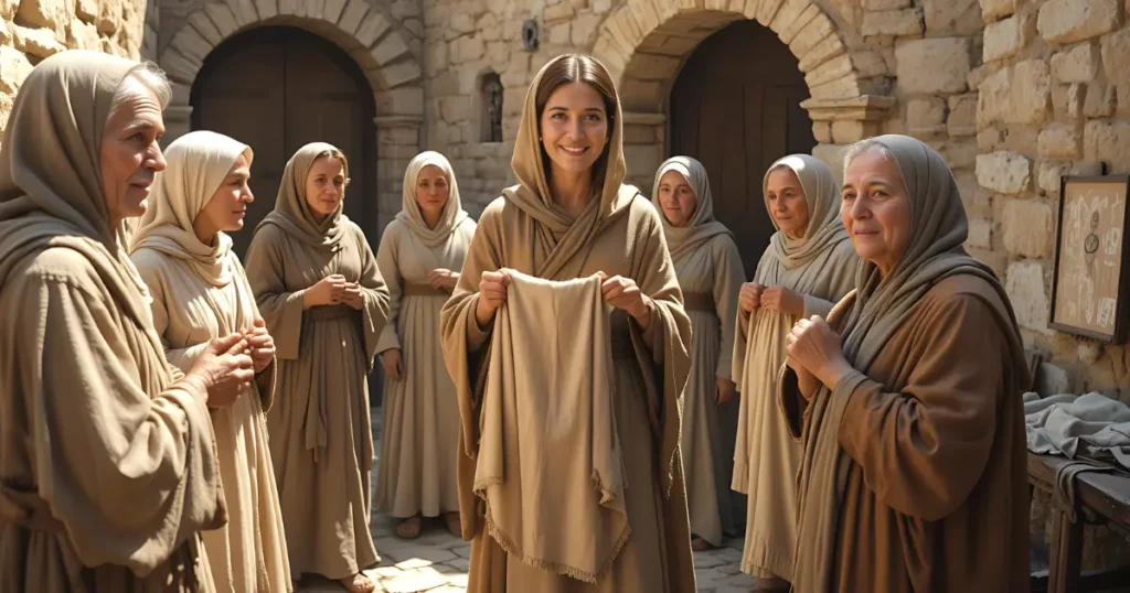 Tabitha in the Bible helping widows with handmade garments showing her faith through action