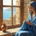 Tabitha in the Bible sewing garments for widows in Joppa, Acts chapter 9