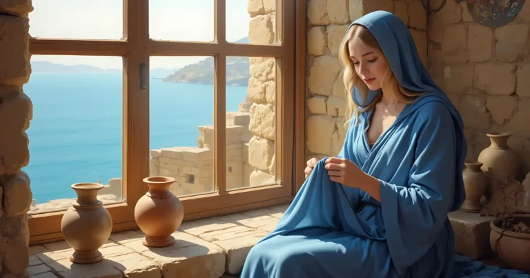 Tabitha in the Bible sewing garments for widows in Joppa, Acts chapter 9