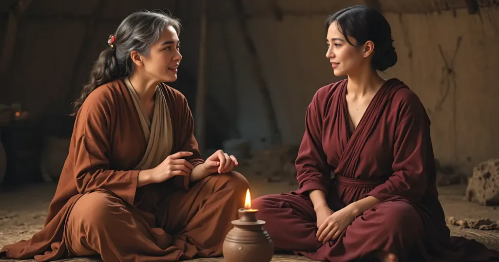 Two women sitting inside a tent in Bible times talking about faith and purpose