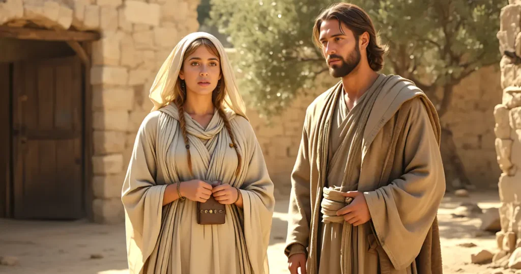Sapphira in the Bible stands with her husband Ananias outside a first century Jerusalem home, holding a small bag of coins, looking conflicted.