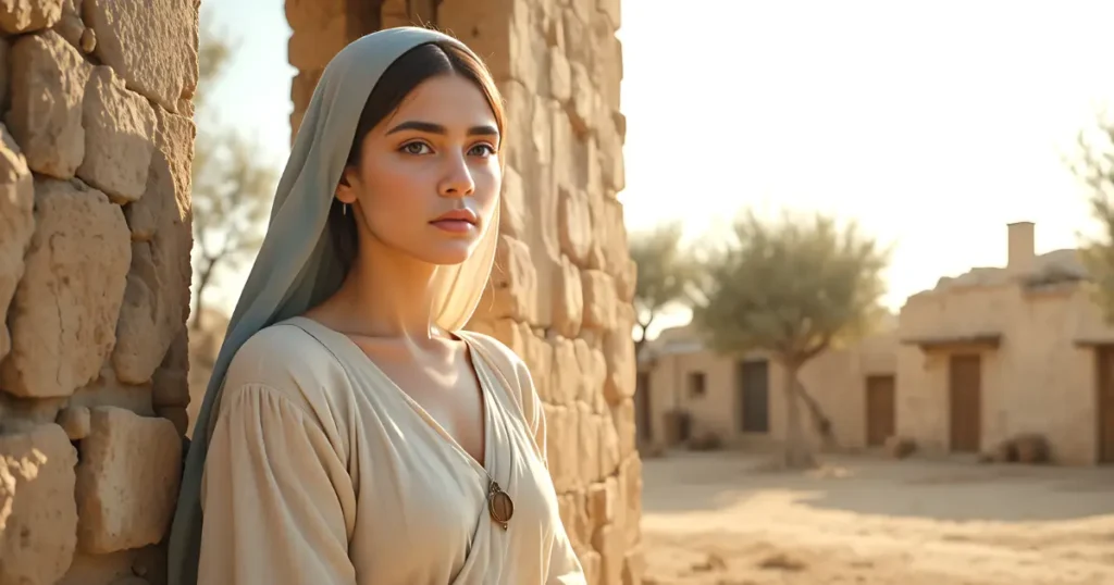 Atarah in the Bible featured image a thoughtful woman in ancient linen clothing standing near a stone doorway in a biblical village