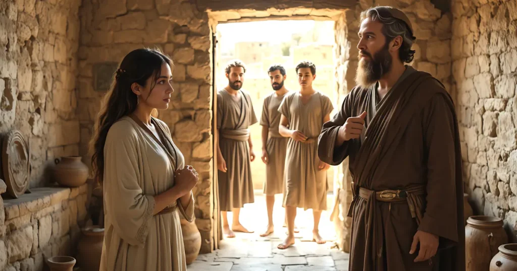 Apostle Peter confronting Sapphira before the early church in Acts 5