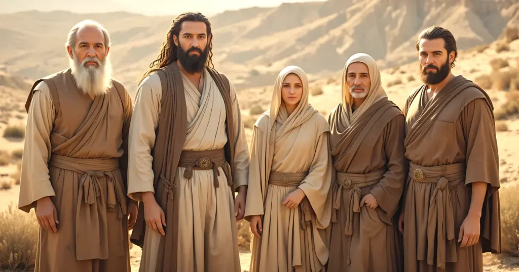 Family tree illustration with real people representing Judah, Perez, Hezron, Jerahmeel, Atarah, and Onam standing in generational order under a desert sky