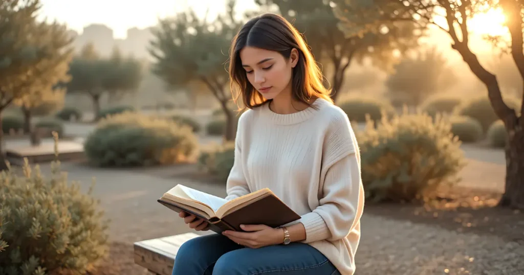 Lessons from Atarah in the Bible a modern woman reading her Bible alone in a garden at sunrise for quiet reflection
