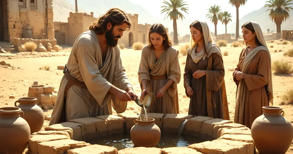Moses meeting Zipporah at the well in Midian