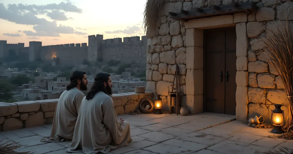 Rahab hiding the spies on her rooftop in Jericho Bible story scene