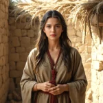 Rahab in the Bible holding a scarlet cord inside her house in the wall of Jericho