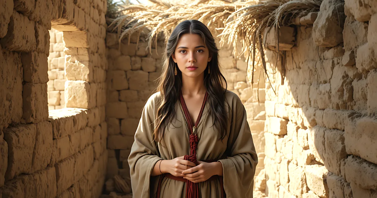 Rahab in the Bible holding a scarlet cord inside her house in the wall of Jericho