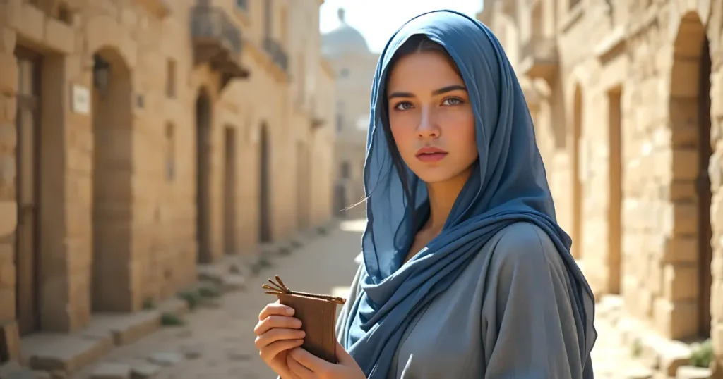 1st century woman in Jerusalem holding money pouch, looking conflicted, representing Sapphira in the Bible from Acts 5