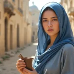 1st century woman in Jerusalem holding money pouch, looking conflicted, representing Sapphira in the Bible from Acts 5