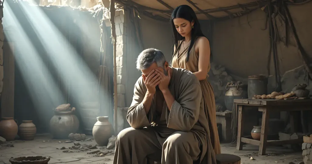 Ephraim mourning the loss of his sons while his daughter Sheerah stands nearby, showing grief and resilience in the Bible.