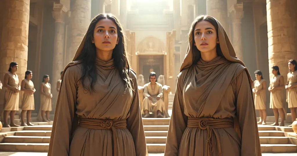 Shiphrah and Puah standing before Pharaoh after refusing to kill Hebrew baby boys