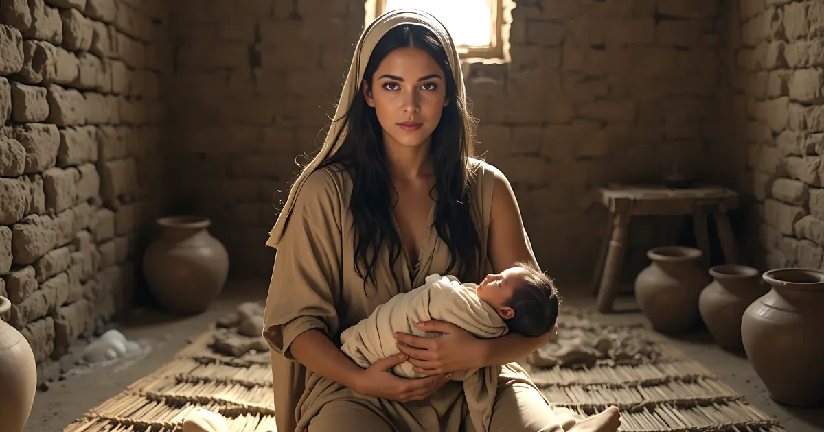 Shiphrah in the bible. The Hebrew midwife holding a newborn baby in ancient Egypt