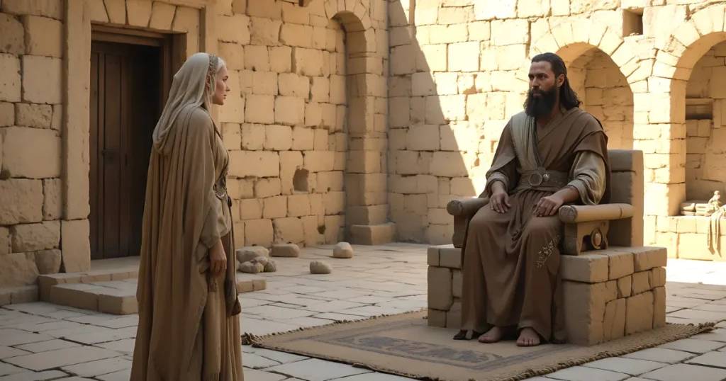 Shunammite woman in the Bible speaking humbly to a king in a stone palace courtyard, Gehazi standing nearby, biblical era setting