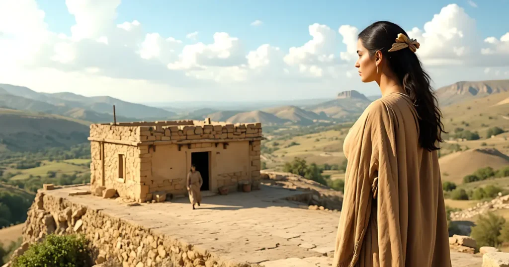 Shunammite woman in the bible standing on her rooftop guest room overlooking the Jezreel Valley with prophet Elisha approaching in the distance
