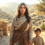 Shunammite woman in the Bible holding her son’s hand while standing in front of a stone house in Shunem, warm sunlight, expression of calm faith and hope