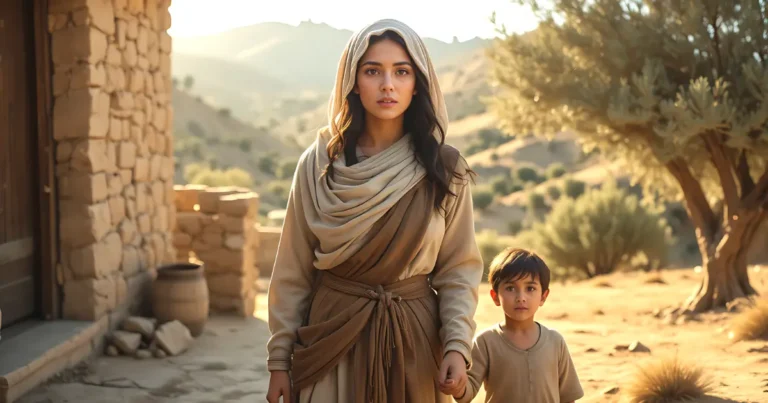 Shunammite woman in the Bible holding her son’s hand while standing in front of a stone house in Shunem, warm sunlight, expression of calm faith and hope