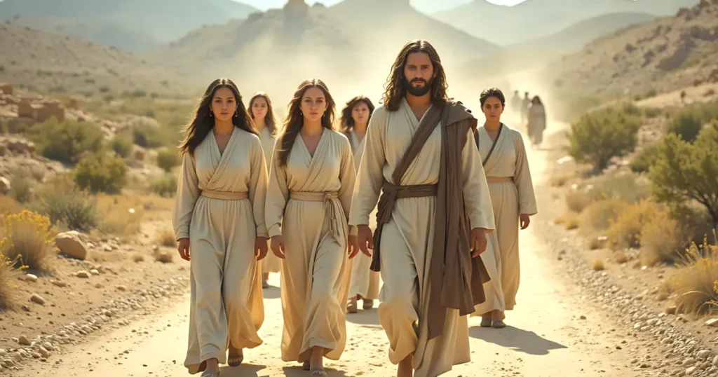 Susanna in the Bible inspired scene showing a group of women walking with Jesus in a natural biblical landscape