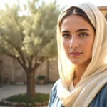Susanna in the Bible standing in a sunlit courtyard, representing her faithful service.