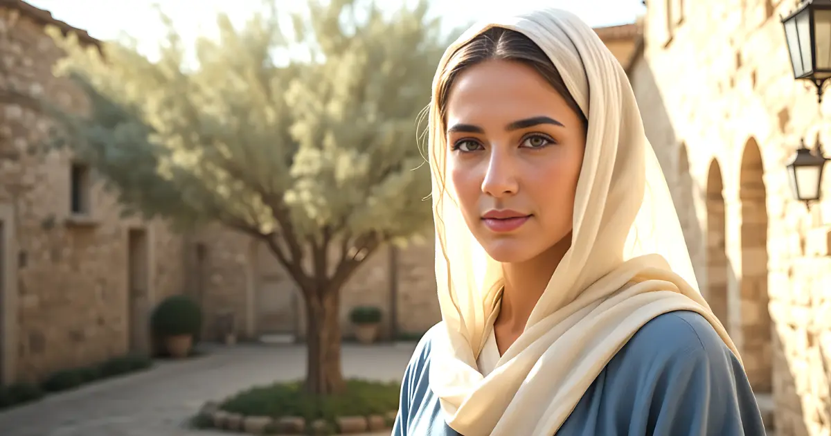 Susanna in the Bible standing in a sunlit courtyard, representing her faithful service.