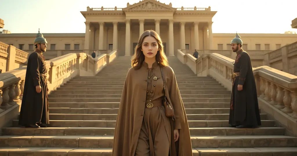 Queen Vashti leaving the Persian palace after being banished by King Xerxes