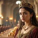 Queen Vashti in the Bible standing inside a Persian palace during King Xerxes’ banquet