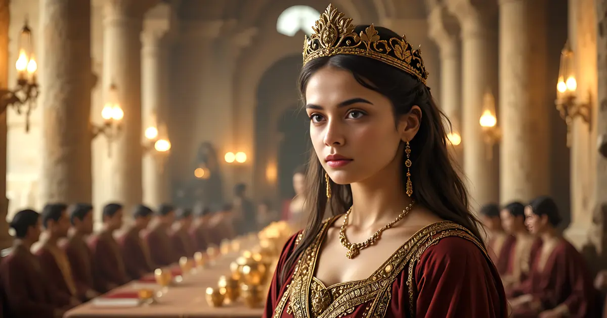 Queen Vashti in the Bible standing inside a Persian palace during King Xerxes’ banquet