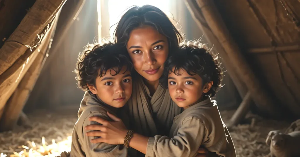 Zilpah sons Gad and Asher as young boys standing with their mother