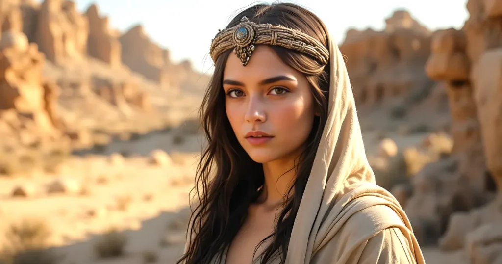 Zipporah in the Bible standing in a Midianite desert landscape.