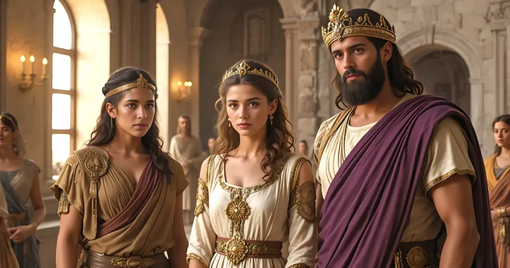 Herod Agrippa I with his children Bernice and Agrippa II in a first century Judean palace setting