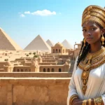 Candace in the Bible, queen of Ethiopia, standing near a royal palace in the Kingdom of Kush, with natural African scenery